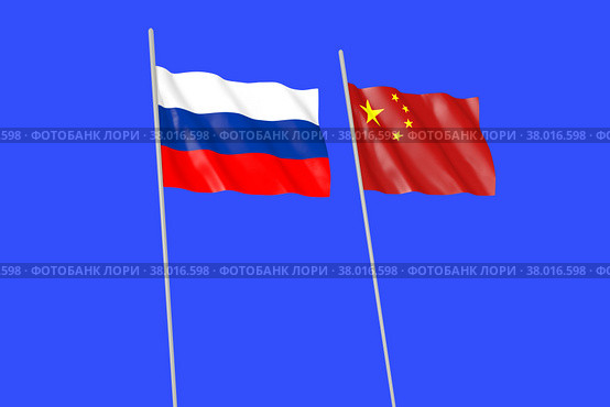 Развевающиеся флаги России и Китайской Народной Республики на синем фоне. Стоковая иллюстрация, иллюстратор Александр Селин / Фотобанк Лори