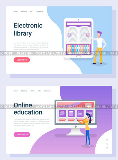 Reader communication with e-book, literature in tablet or computer. People reading online, app book, electronic page, training technology vector. Website or landing page template, webpage flat style. Electronic Book, Literature Online, Reading Vector. Стоковая иллюстрация, агентство Ingram Publishing / Фотобанк Лори