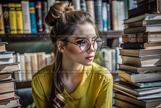 Reading, preparing for exams. Admission to the Institute. A young girl with glasses among many books in the interior of the living room, sitting at home in natural light. Стоковое AI-изображение, AI-художник Photojuli / Фотобанк Лори