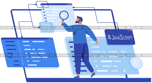 Reading report, survey concept. Man with magnifying glass looking for information in text document. Employee analyzes term of contract. Analysis data launch of new business project. Check startup data. Man with loupe looking for information in text document. Symbol of startup launch. Стоковая иллюстрация, агентство Ingram Publishing / Фотобанк Лори