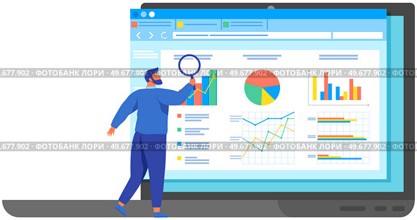 Reading report, survey concept. Man with magnifying glass looking for information in text document. Employee analyzes term of contract. Analysis data launch of new business project. Check startup data. Man with loupe looking for information in text document. Symbol of startup launch. Стоковая иллюстрация, агентство Ingram Publishing / Фотобанк Лори