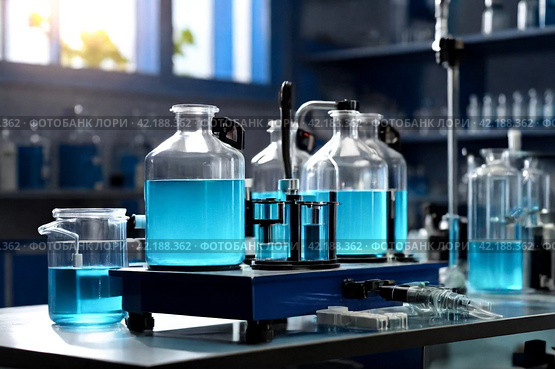 Reagents acid suspensions for experiments, close-up of flasks and test tubes with acid in chemical laboratory. Conical flask with samples of acids. Chemical industry concept. Copy ad text space. Стоковое AI-изображение, AI-художник Aleksandr Golubev / Фотобанк Лори