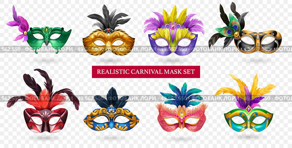 Realistic carnival mask transparent icon set with different colors styles with feathers sparkles and gemstones vector illustration. Стоковая иллюстрация, агентство Ingram Publishing / Фотобанк Лори