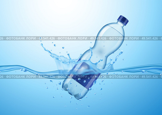 Realistic mineral water composition with image of drifting plastic water bottle with water drops and spray vector illustration. Стоковая иллюстрация, агентство Ingram Publishing / Фотобанк Лори