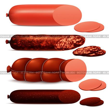 Realistic sausage set with different types of sausage isolated vector illustration. Realistic Sausage Set. Стоковая иллюстрация, агентство Ingram Publishing / Фотобанк Лори