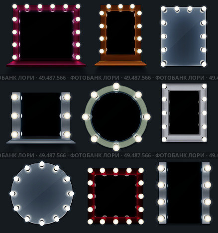 Realistic set of colorful make up mirrors of different shape with light bulbs isolated on grey background vector illustration. Стоковая иллюстрация, агентство Ingram Publishing / Фотобанк Лори