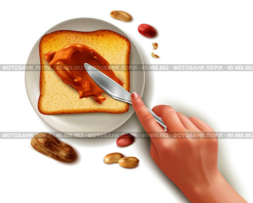 Realistic toast peanut butter knife set with human hand spreading butter on toast bread with plate vector illustration. Стоковая иллюстрация, агентство Ingram Publishing / Фотобанк Лори