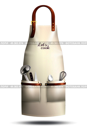Realistic white cook apron with lettering, culinary utensils in pockets, loop from brown leather isolated vector illustration  . Realistic Cook Apron. Стоковая иллюстрация, агентство Ingram Publishing / Фотобанк Лори