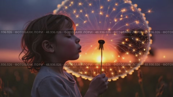 Ребенок загадывает желание, дует на светящийся одуванчик на закате. Стоковое AI-видео, аниматор Виктория Кольцова / Фотобанк Лори
