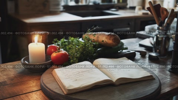 Recipe book resting on wooden table near fresh tomatoes, herbs, root vegetable, and burning candle, creating warm ambiance in rustic kitchen environment. Стоковое AI-видео, аниматор Данил Руденко / Фотобанк Лори