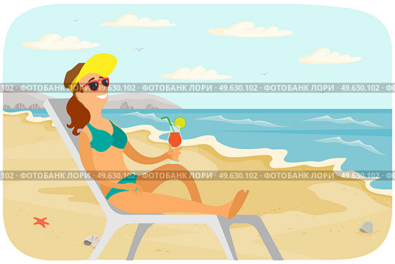 Recreation near sea vector illustration. Smiling girl is sitting in sun lounger with cocktail and tanning. Female character is sunbathing at resort. Woman resting and spending time at sandy beach. Smiling girl is sitting in sun lounger with cocktail and tanning. Woman is sunbathing at resort. Стоковая иллюстрация, агентство Ingram Publishing / Фотобанк Лори