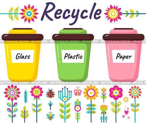 Recycling or reuse. Garbage sorting. Different color recycle bins with glass, plastic and paper. Less garbage on planet. Zero waste ecology. Clean planet with beautiful flowers and environment care. Recycling or reuse. Garbage sorting. Different color recycle bins with glass, plastic and paper. Стоковая иллюстрация, агентство Ingram Publishing / Фотобанк Лори