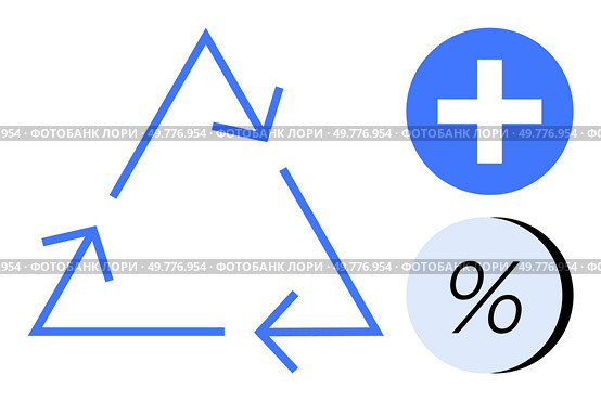 Recycling triangle with arrows connected clockwise, positioned next to blue icons featuring a plus sign and a percentage symbol. Ideal for sustainability, recycling, environmental, mathematics. Recycling triangle with arrows and blue icons including plus sign and percentage symbol. Стоковая иллюстрация, агентство Ingram Publishing / Фотобанк Лори