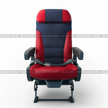 Red and blue airplane seat with fastened seatbelt on white background. Стоковое AI-изображение, AI-художник Иван Рябоконь / Фотобанк Лори