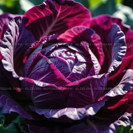 Red cabbage is a vegetable crop with red-violet leaf color and a common food product. Vegetable is used for fresh consumption in salads, for pickling, cultivated cabbage species. Generated AI. Стоковое AI-изображение, AI-художник Юлия Петровская / Фотобанк Лори