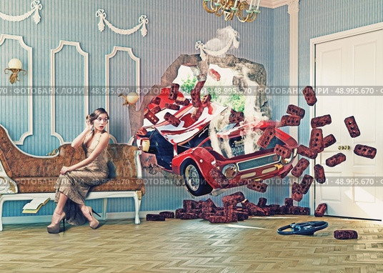 red car breaks the wall in luxurious interior with frightened woman. 3d creative concept. Стоковое фото, агентство Ingram Publishing / Фотобанк Лори