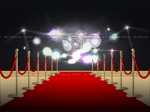 Red carpet colored and realistic composition with flashlights at the end of the carpet vector illustration. Стоковая иллюстрация, агентство Ingram Publishing / Фотобанк Лори