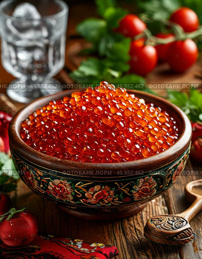Red caviar in a wooden bowl. A beautiful and original appetizer for a festive table. Enjoy your meal! Стоковое AI-изображение, AI-художник Сергей Елизарьев / Фотобанк Лори