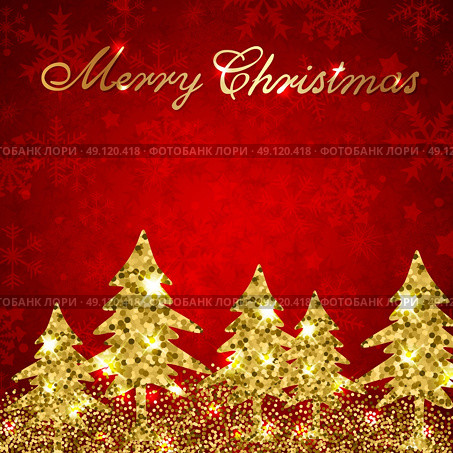 Red Christmas shining background with golden glitter firs. Design for Christmas card. Стоковая иллюстрация, агентство Ingram Publishing / Фотобанк Лори