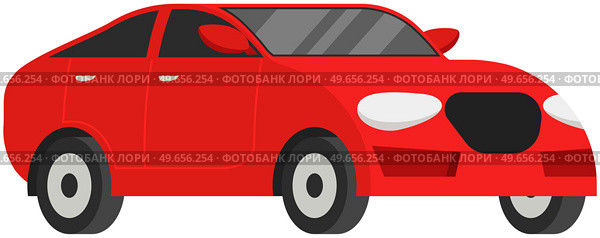 Red family car for driving on road. Transport for traveling and city trips. Flat automobile with isolated white background vector. Modern car design transport and equipment , vehicle sedan side view. Red family car for driving on road. Transport for traveling and city trips, vehicle sedan side view. Стоковая иллюстрация, агентство Ingram Publishing / Фотобанк Лори