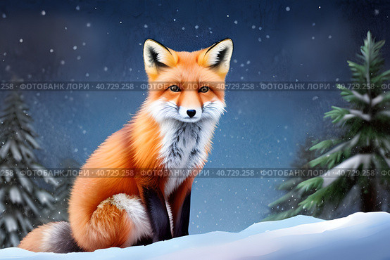 Red fox on the background of a snowy forest.In the culture of almost all peoples of the world, the fox is presented as a cunning animal, and is one of the indispensable characters of the animal epic, occupying a prominent place in it. Стоковое AI-изображение, AI-художник Сергей Елизарьев / Фотобанк Лори