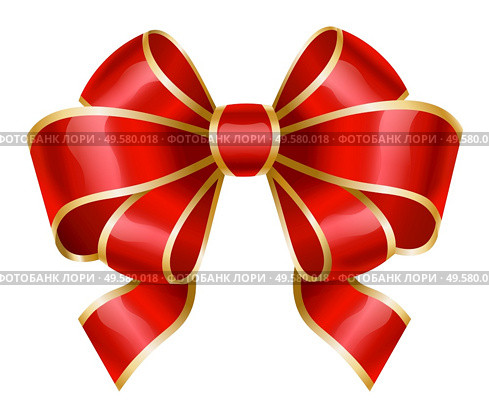 Red ribbon bow with golden borders. Isolated decorative element used in decoration of various items. Gifts presents boxes and cards decor, banners or brochure adornment. Vector in flat style. Red Ribbon Bow Used for Decoration of Gifts Vector. Стоковая иллюстрация, агентство Ingram Publishing / Фотобанк Лори