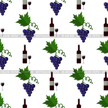 Red wine in glass and bottle, blue grapes bunch with leaf vector illustrations formed in endless texture. Winery products seamless pattern.. Red Wine in Bottle and Blue Grape Endless Texture. Стоковая иллюстрация, агентство Ingram Publishing / Фотобанк Лори