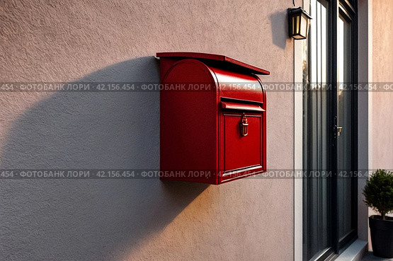 Red wooden Mailbox in an house residential building outside. Modern numbered mailboxes box outdoors, creative design mail backgrounds. Urban correspondence concept. Copy ad text space. Generated Ai. Стоковое AI-изображение, AI-художник Aleksandr Golubev / Фотобанк Лори