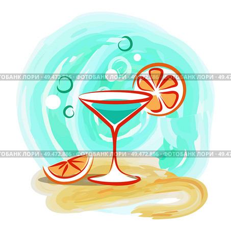 Refreshing cocktail with slice of orange on sandy beach background vector illustration on white. Tasty drink to quench your thirst. Refreshing Cocktail with Slice of Orange on Beach. Стоковая иллюстрация, агентство Ingram Publishing / Фотобанк Лори