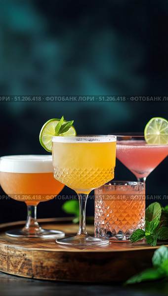 Refreshing Cocktails Served on a Wooden Tray at a Lively Bar During a Summer Evening. Стоковое AI-изображение, AI-художник Юлия Гапеенко / Фотобанк Лори