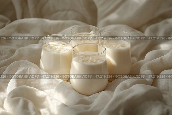 Refreshing dairy beverages served in clear glasses on soft fabric during a calm afternoon. Четыре стакана, наполненные кремообразным напитком, мирно покоятся на текстурированной мягкой ткани. Мягкий свет создает безмятежную атмосферу, идеальную для того, чтобы насладиться моментом расслабления. Стоковое AI-изображение, AI-художник Katsiaryna Repich / Фотобанк Лори