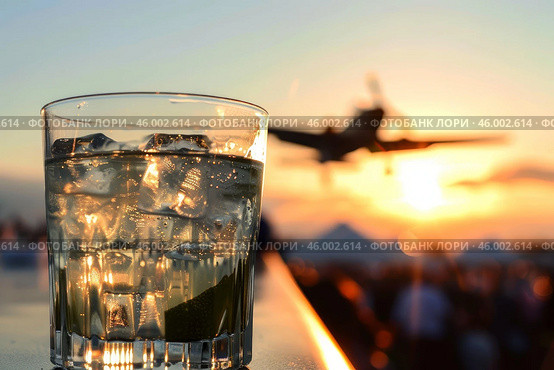 Refreshing gin and tonic enjoyed at sunset air show with plane taking off. Стоковое AI-изображение, AI-художник Иван Рябоконь / Фотобанк Лори