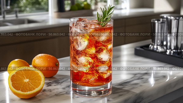 Refreshing Summer Beverage: Aperol Spritz with Rosemary Garnish. Стоковое AI-изображение, AI-художник Данила Большаков / Фотобанк Лори