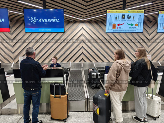 Регистрация пассажиров на стойке AirSERBIA в аэропорту Шереметьево. Редакционное фото, фотограф Мария Сергеева / Фотобанк Лори