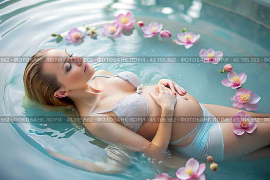 Relaxation, peace of mind. Pregnant, beautiful woman, in an outdoor heated pool. The concept of pregnancy, childbirth and parenthood. Healthy lifestyle. Стоковое AI-изображение, AI-художник Photojuli / Фотобанк Лори