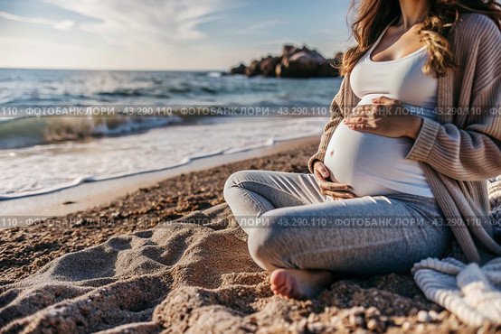 Relaxation, peace of mind, sea air. Close-up of the tummy. A pregnant woman on the beach by the sea. The concept of pregnancy, childbirth and parental responsibilities. Стоковое AI-изображение, AI-художник Photojuli / Фотобанк Лори