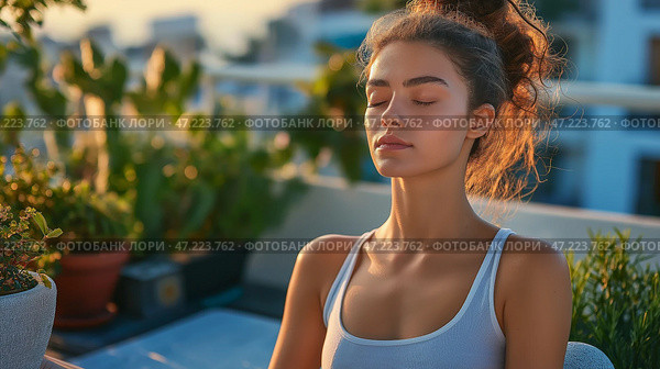 Relaxing afternoon meditation on a rooftop garden with plants and warm sunlight. Молодая женщина безмятежно сидит в саду на крыше, занимаясь медитацией, в то время как солнечный свет проникает сквозь пышные растения. Умиротворяющая атмосфера способствует спокойствию. Стоковое AI-изображение, AI-художник Katsiaryna Repich / Фотобанк Лори