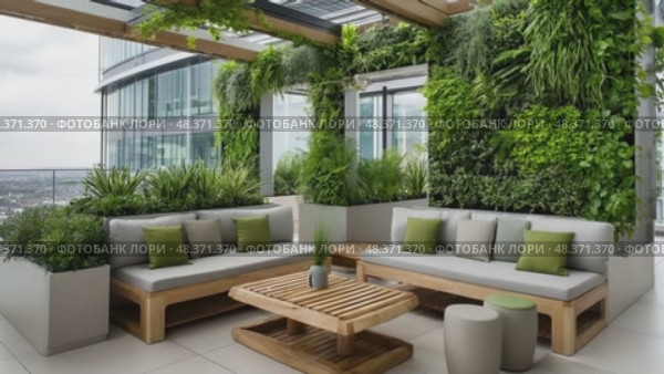 Relaxing green rooftop terrace in a modern cityscape. Стоковое AI-видео, аниматор Юрий Поздников / Фотобанк Лори