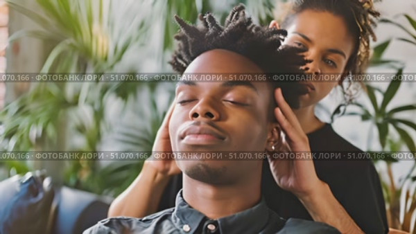 Relaxing head massage given by a skilled stylist in a contemporary salon setting. Стоковое AI-видео, аниматор Данила Большаков / Фотобанк Лори