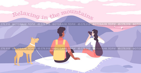 Relaxing in mountains flat vector illustration with young couple and their dog sitting on mountaintop and looking around with binoculars. Стоковая иллюстрация, агентство Ingram Publishing / Фотобанк Лори