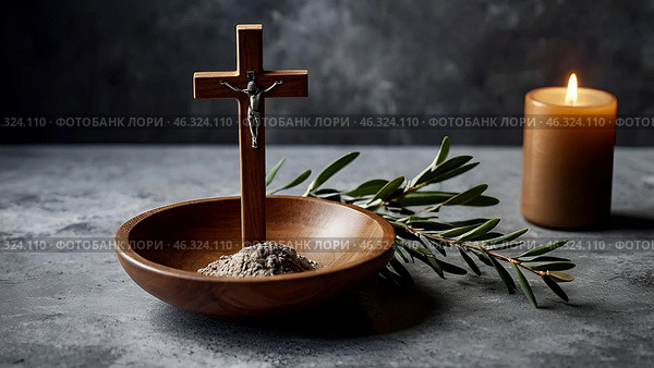 Religion, faith, liturgy, Ash Wednesday. Great lent. A wooden cross, a ceremonial bowl made of ash and an olive branch on a gray background. Стоковое AI-изображение, AI-художник Photojuli / Фотобанк Лори
