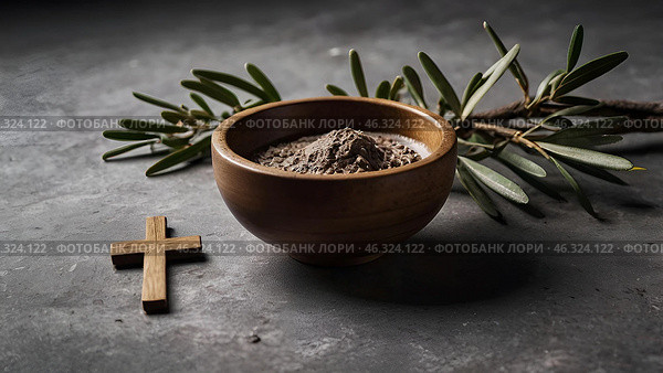 Religion, faith, liturgy, Ash Wednesday. Great lent. A wooden cross, a ceremonial bowl made of ash and an olive branch on a gray background. Стоковое AI-изображение, AI-художник Photojuli / Фотобанк Лори
