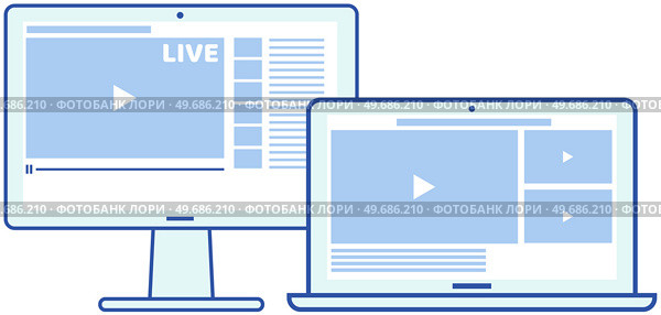 Remote broadcast program for computer. Internet video live communication with followers and subscribers. Website for blogging, streaming online. Video recording live broadcast, stream, vlog on screen. Video recording live broadcast, stream, vlog on screen. Internet communication with followers app. Стоковая иллюстрация, агентство Ingram Publishing / Фотобанк Лори