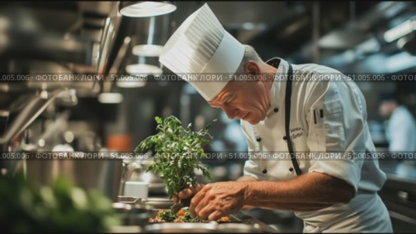 Renowned chef preparing fresh herbs in a bustling kitchen during evening hours. Стоковое AI-видео, аниматор Сергей Толмачёв / Фотобанк Лори