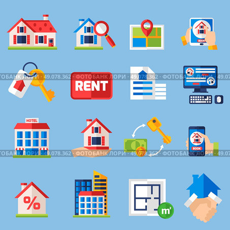 Rent and tenancy icons set. House rent and  and property tenancy icons set with real estate symbols isolated vector illustration. Стоковая иллюстрация, агентство Ingram Publishing / Фотобанк Лори