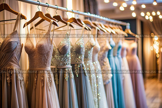 Rent dresses for evening events. Close-up. Elegant women's dresses hang on white hangers on a barbell in the salon store. Стоковое AI-изображение, AI-художник Photojuli / Фотобанк Лори