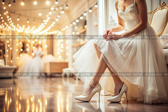 Rental and purchase of wedding dresses and shoes for events. Close-up. Elegant wedding shoes for the bride in a luxurious bridal salon store. Стоковое AI-изображение, AI-художник Photojuli / Фотобанк Лори