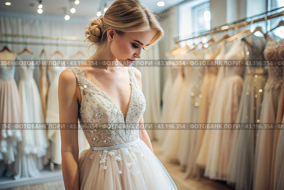 Rental and purchase of wedding dresses for events. Close-up. A beautiful girl, nevesna, tries on an elegant white wedding dress in a luxury bridal salon store. Стоковое AI-изображение, AI-художник Photojuli / Фотобанк Лори