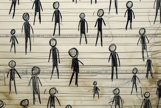 Repetitive Stick Figures in Cages - Distressed Notebook Doodles as Silent Cry. Бумага для блокнота заполнена повторяющимися фигурками в клетках, нацарапанными снова и снова, с неровными интервалами и нажимом, как бессознательный крик о помощи. Стоковое AI-изображение, AI-художник Katsiaryna Repich / Фотобанк Лори
