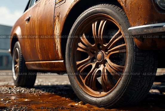 Replacing car's front chassis wheel, close-up. Front wheel of car with maintenance rust showing wear from exposure to elements over time, outdoors. Car auto repair concept. Copy ad text space poster. Стоковое AI-изображение, AI-художник Aleksandr Golubev / Фотобанк Лори